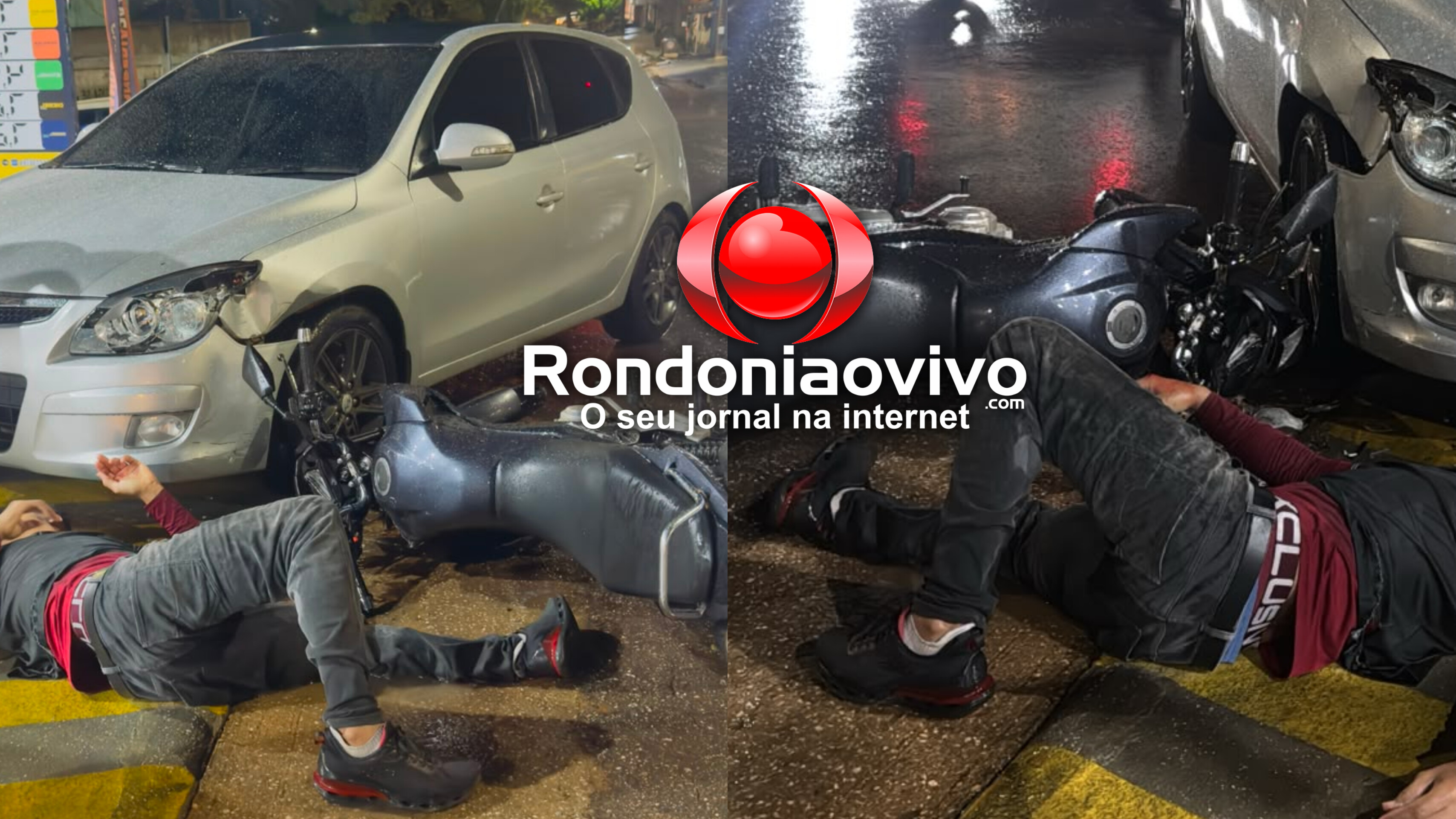 NA CHUVA: Motociclista sofre fratura na perna após derrapar e ser atropelado por carro