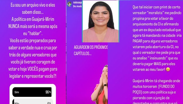 EM GUAJARÁ-MIRIM: Prefeita afastada vira alvo de cassação, mas ameaça vereadores por Instagram