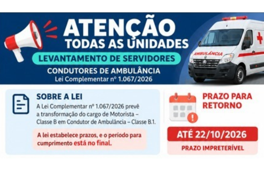ATENÇÃO, SERVIDORES: Prazo para levantamento dos Condutores de Ambulância da SEMUSA encerra no dia 22
