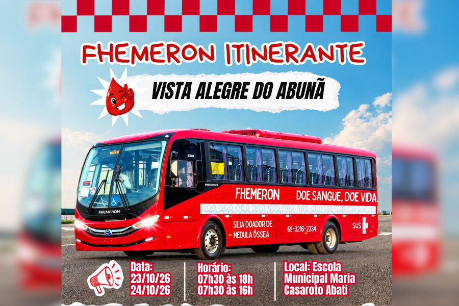 BANCO DE SANGUE: Fhemeron realiza coleta de sangue em Vista Alegre do Abunã nos dias 23 e 24