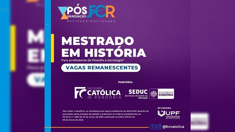 HISTÓRIA: Mestrado tem 16 vagas remanescentes para professores de RO