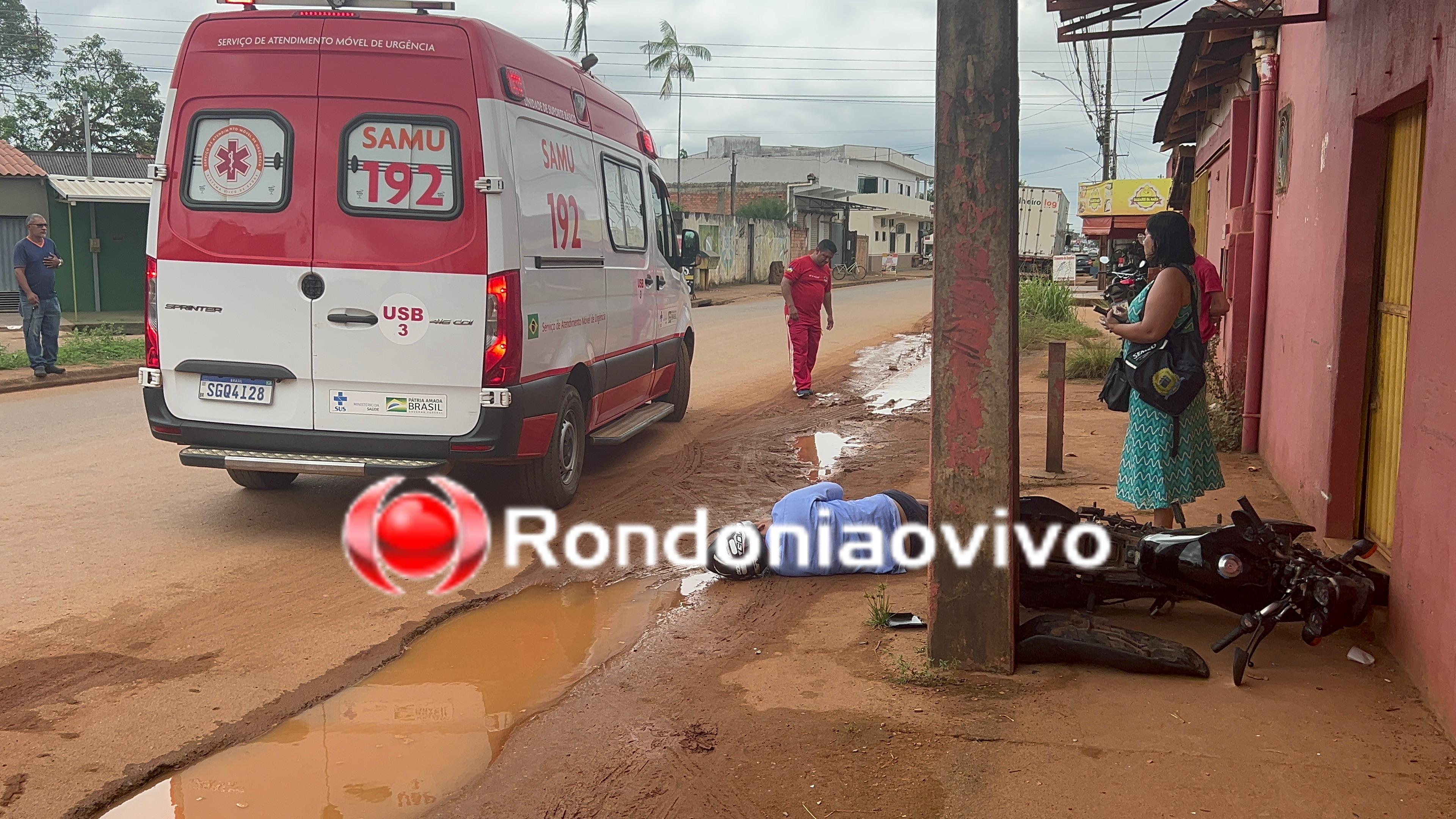 NA BENEDITO: Motociclista atropela mulher, criança e bate contra pilar após desviar de carro 