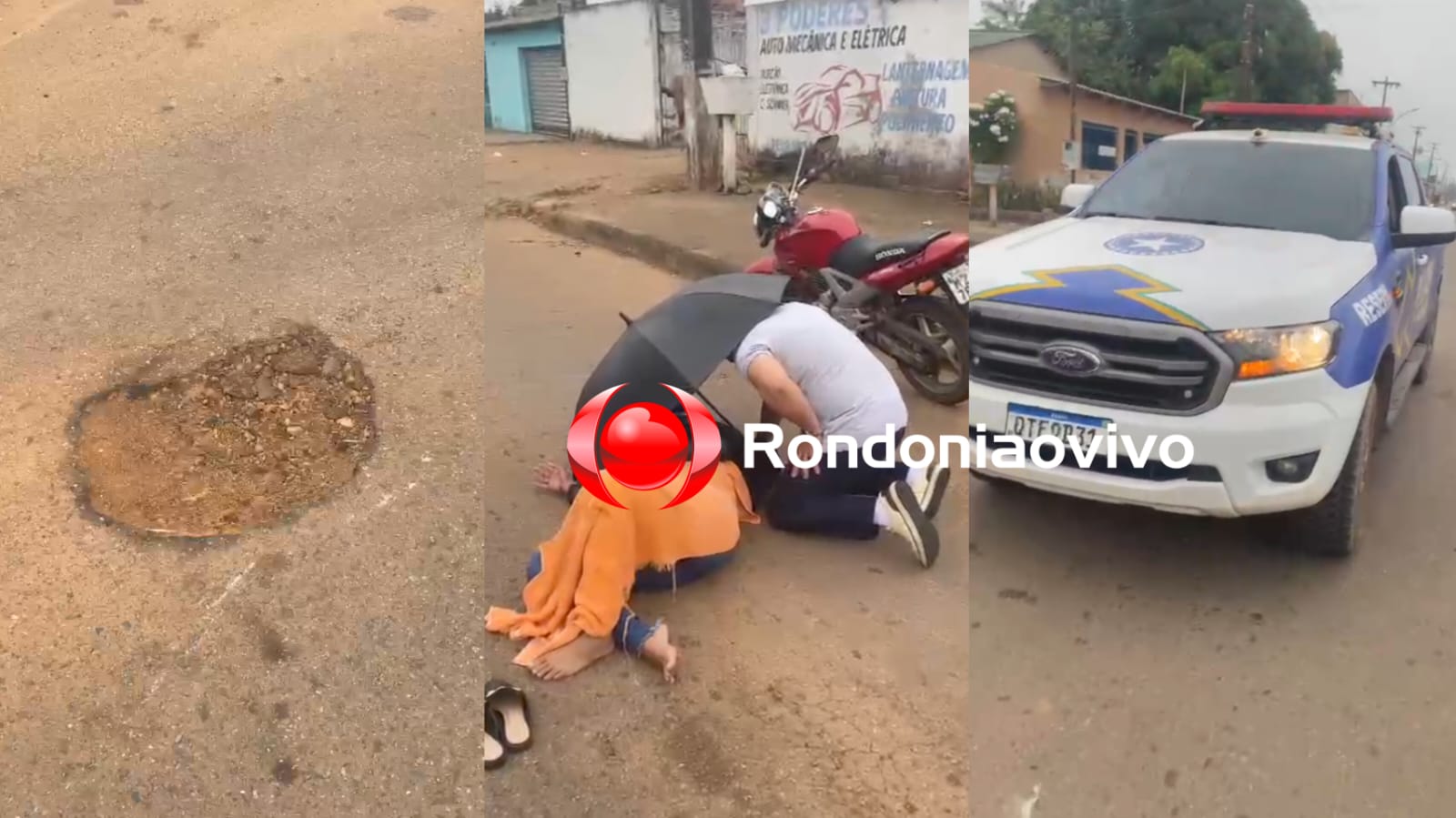 PERDEU O CONTROLE: Mulher sofre queda de moto ao passar em buraco na Benedito Inocêncio