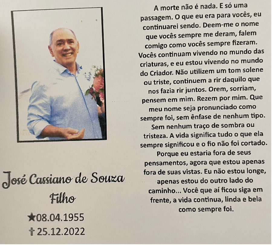 LUTO: Família comunica a morte de José Cassiano de Souza Filho