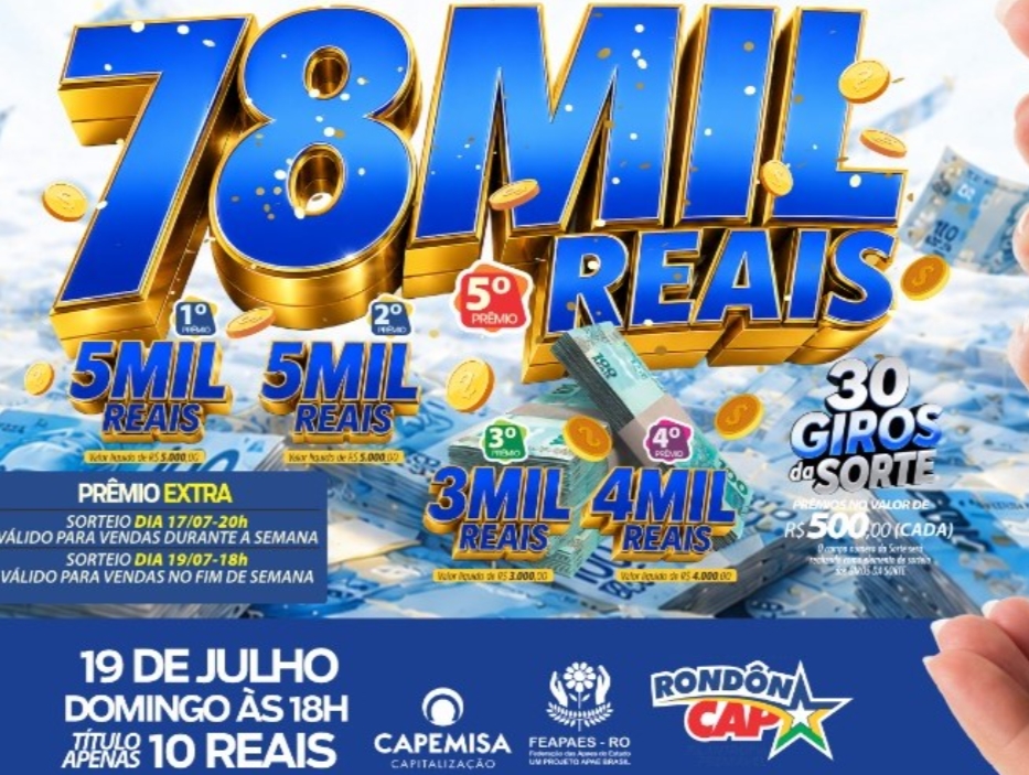 RONDONCAP: Domingo com R$ 78 mil no 5º prêmio e título só 10 reais