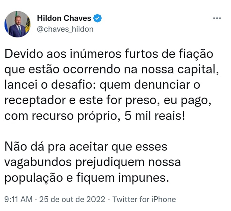 R$ 5 mil: Prefeito oferece recompensa contra ladrões de fios elétricos em Porto Velho 