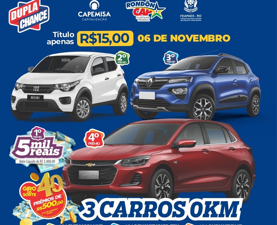 PRÊMIOS: 3 carros 0km e o título são dupla chance por apenas R$ 15,00