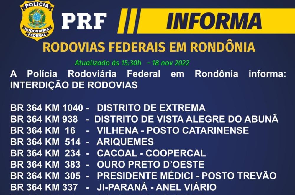 INSISTINDO: Protestos antidemocráticos fecham onze pontos em rodovias de RO