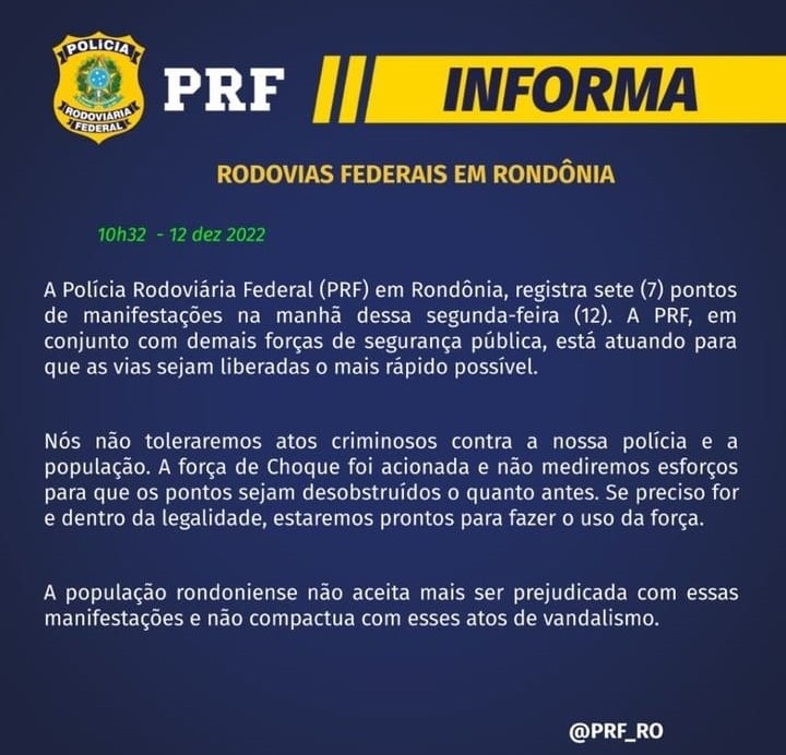 NA FORÇA: Todos os bloqueios em rodovias serão desfeitos ainda na segunda (12), diz PRF