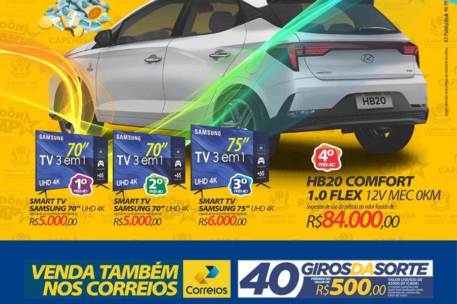RONDÔNCAP: Novo HB20 Comfort, 03 TV's e mais 40 prêmios em dinheiro e título só 10 reais!