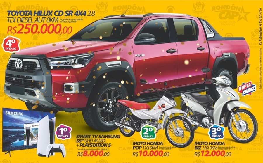 RONDÔNCAP: Toyota Hilux ou R$ 250 mil reais, só no Quarto Prêmio e o Titulo é dupla chance