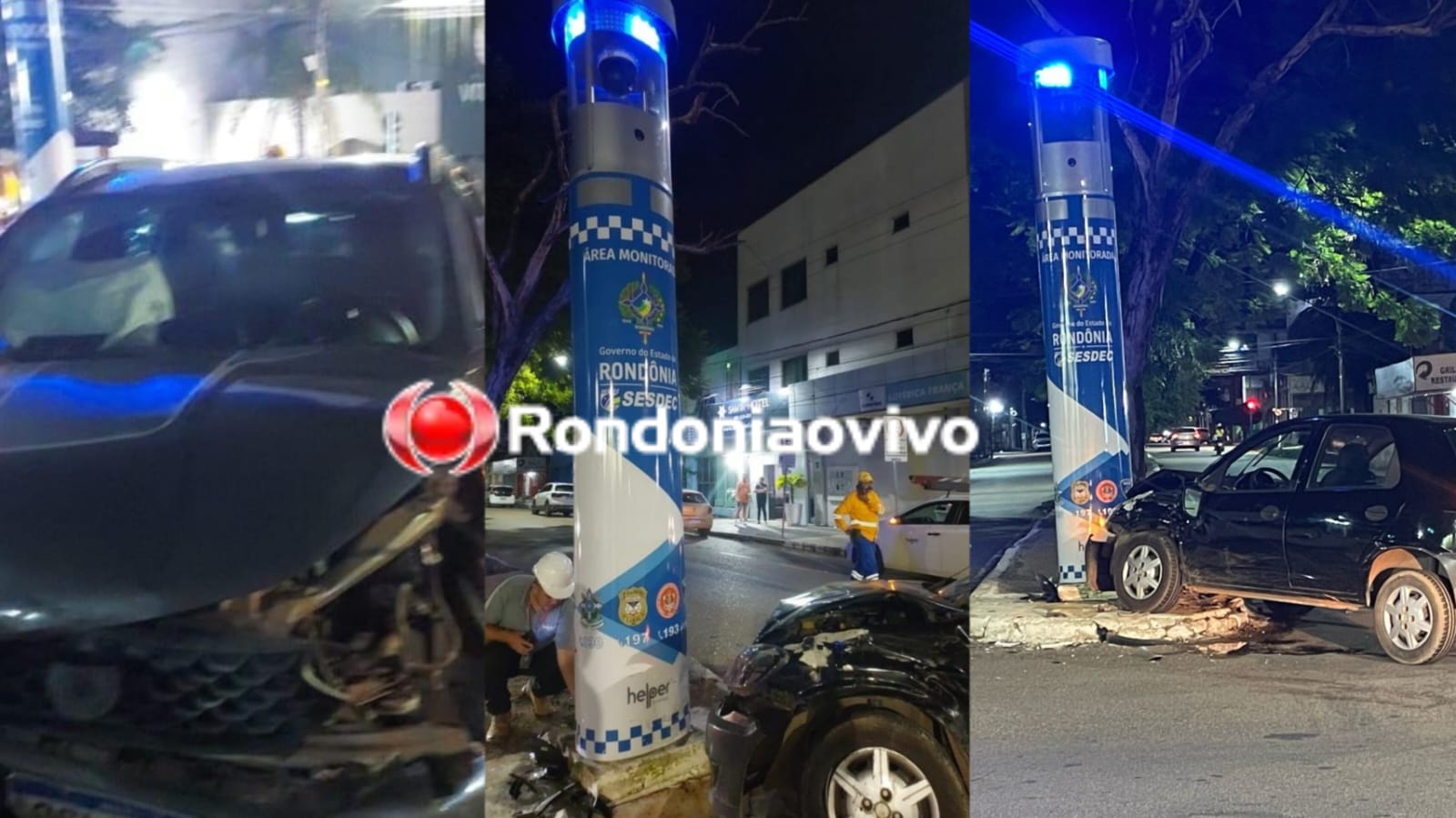 NO CENTRO: Carro atinge totem de segurança após acidente de trânsito