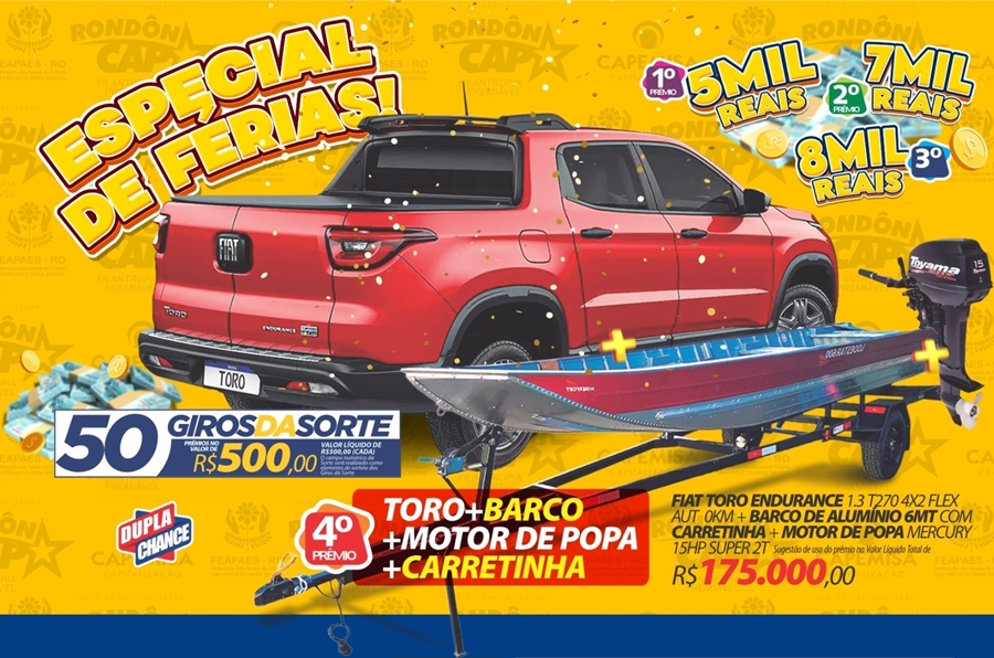 RONDÔNCAP: Uma Fiat Toro com Barco de alumínio, Carretinha e Motor 15 HP no 4° prêmio