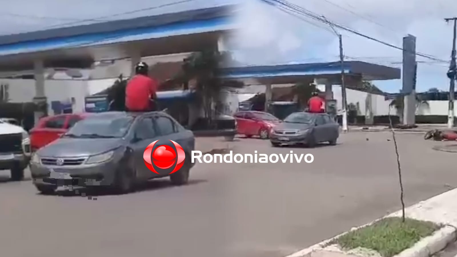 SENTADO: Após colisão, motociclista vai parar no teto de carro em rotatória na Guaporé
