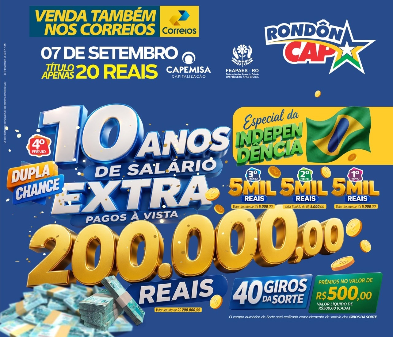 RONDONCAP DA INDEPENDÊNCIA: 10 anos de salário extra pagos à vista no valor de 200 mil reais