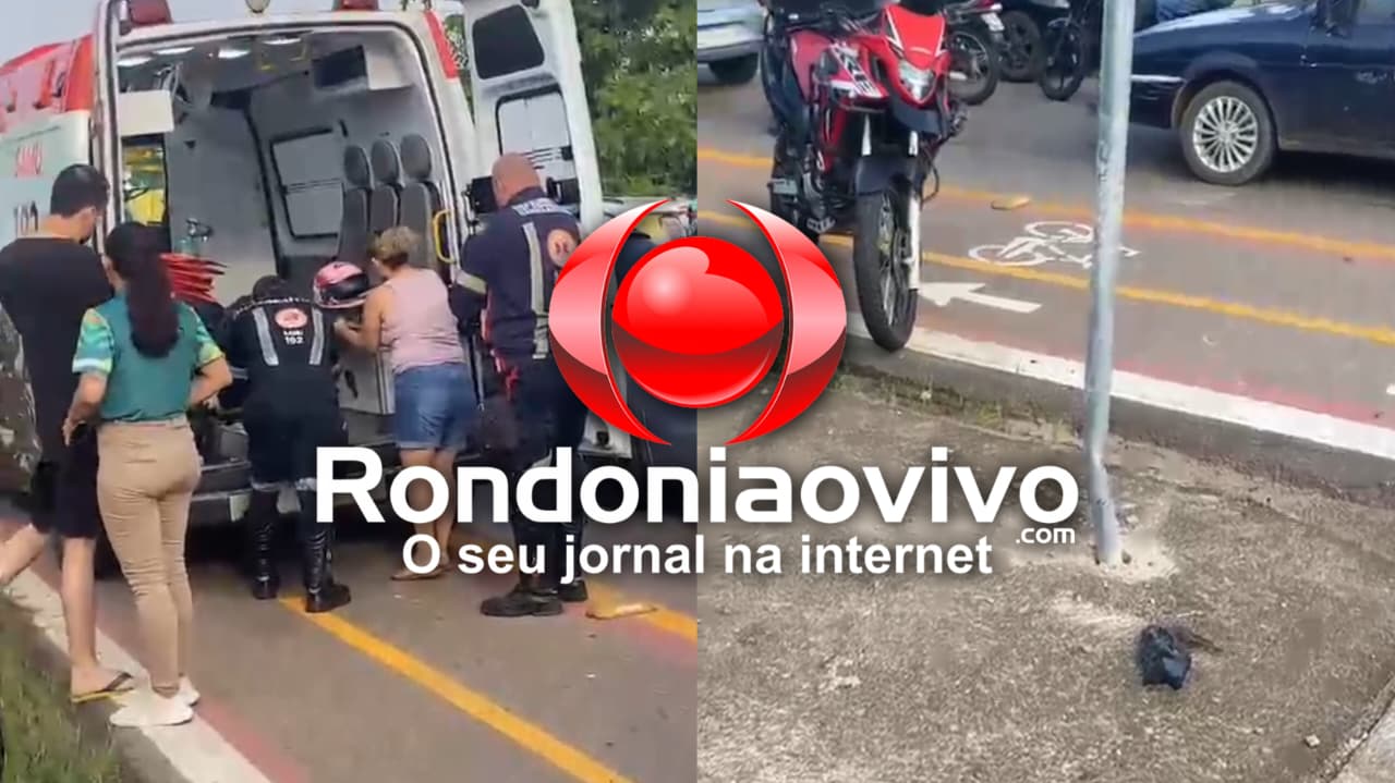 VÍDEO: ​Motociclista fica ferida  após colisão com carro e placa de sinalização