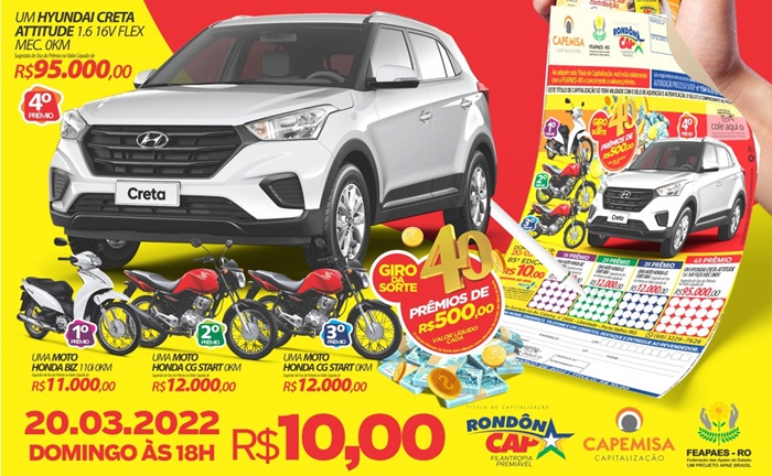 SORTE: Rondoncap vai sortear um Hyundai Creta e três motos Honda 