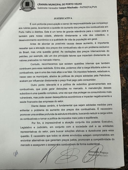 ISAQUE MACHADO: Vereador solicita CPI para investigar aumento dos preços dos combustíveis em PVH