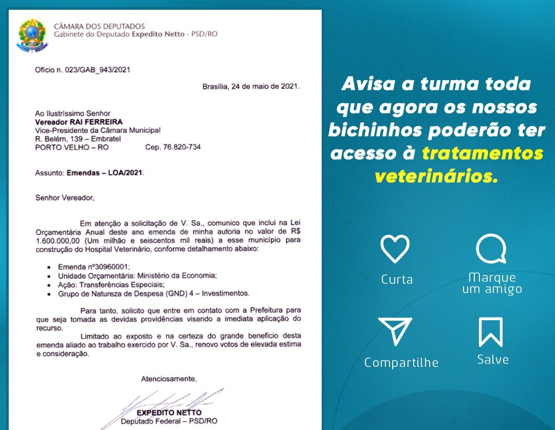 NA CAPITAL: Raí Ferreira consegue emenda com Expedito Netto para criação de Hospital Veterinário