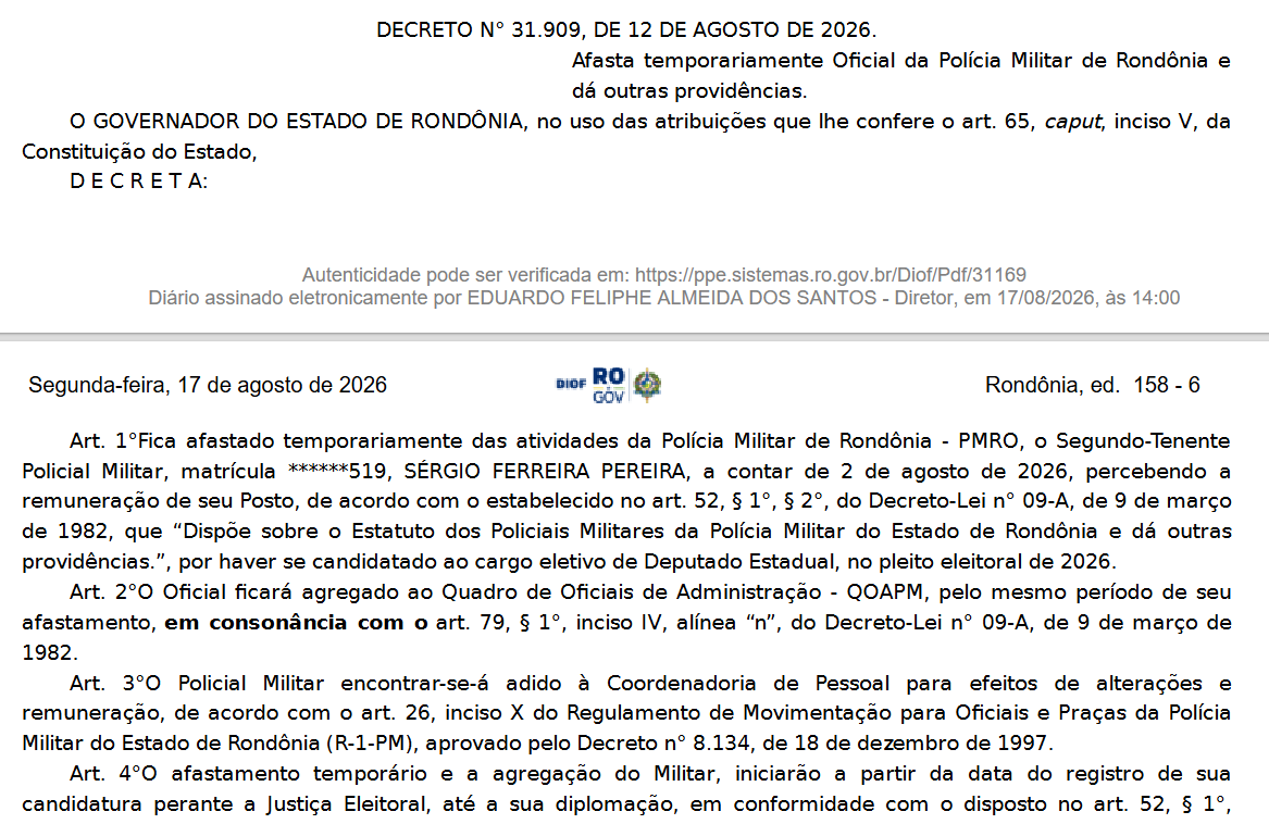 ELEIÇÕES 2026: Oficiais da PM e Bombeiros de RO têm licença remunerada para campanhas