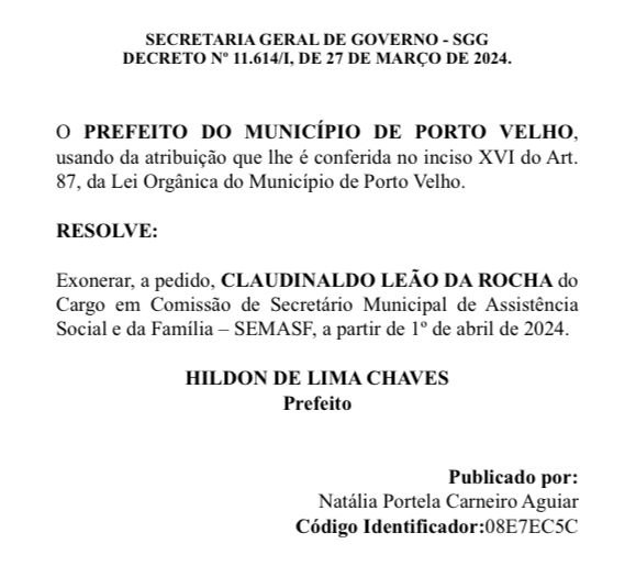 CINCO NOMES: Hildon exonera secretários que vão participar de eleições em 2024