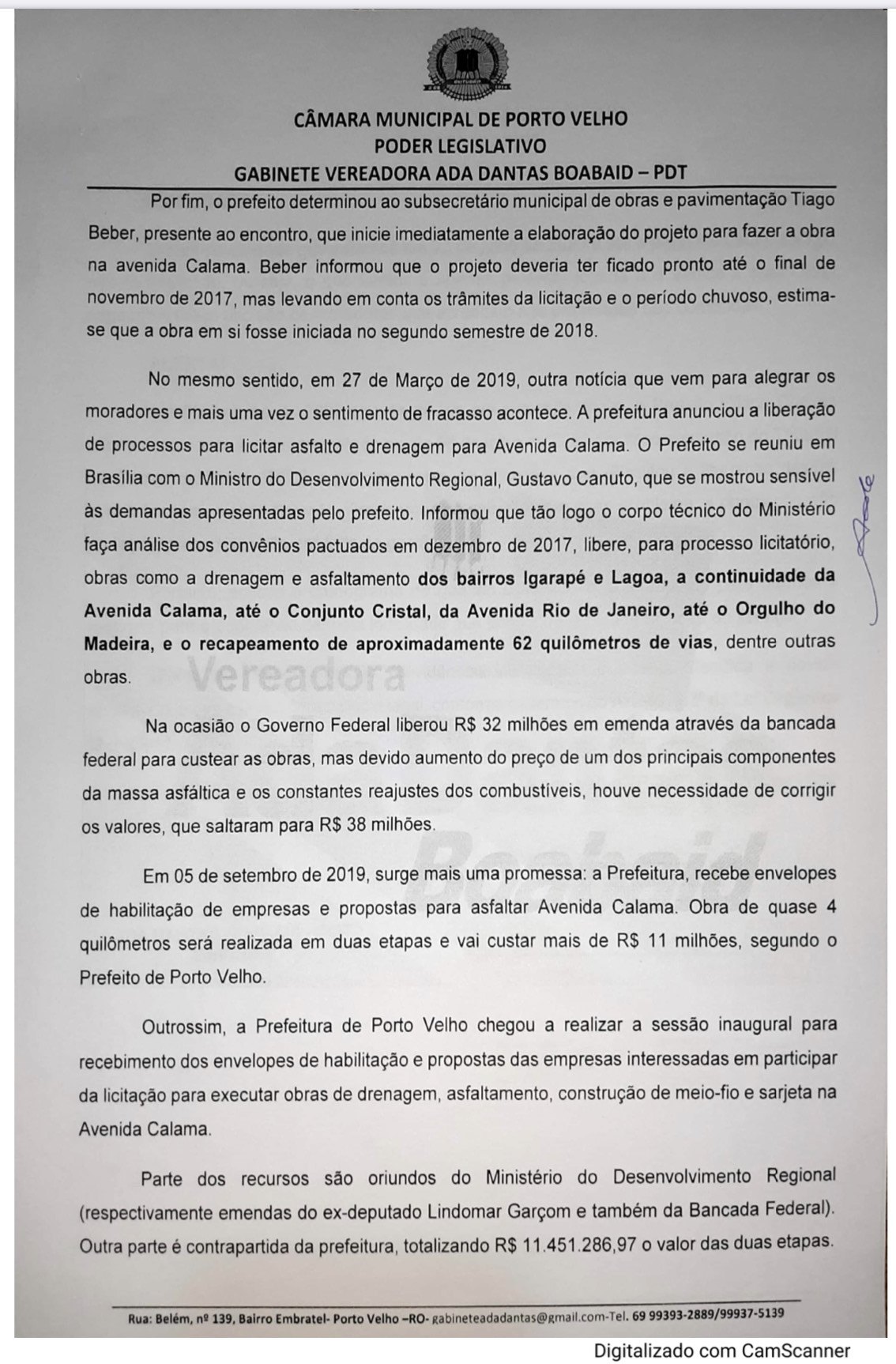 CALAMA: Ada Dantas insiste em cobranças por asfaltamento da avenida