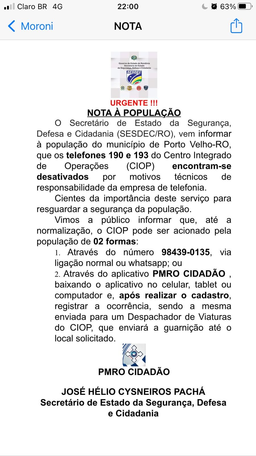 EMERGÊNCIA: Telefones da PM e Bombeiros ficam sem comunicação em Porto Velho