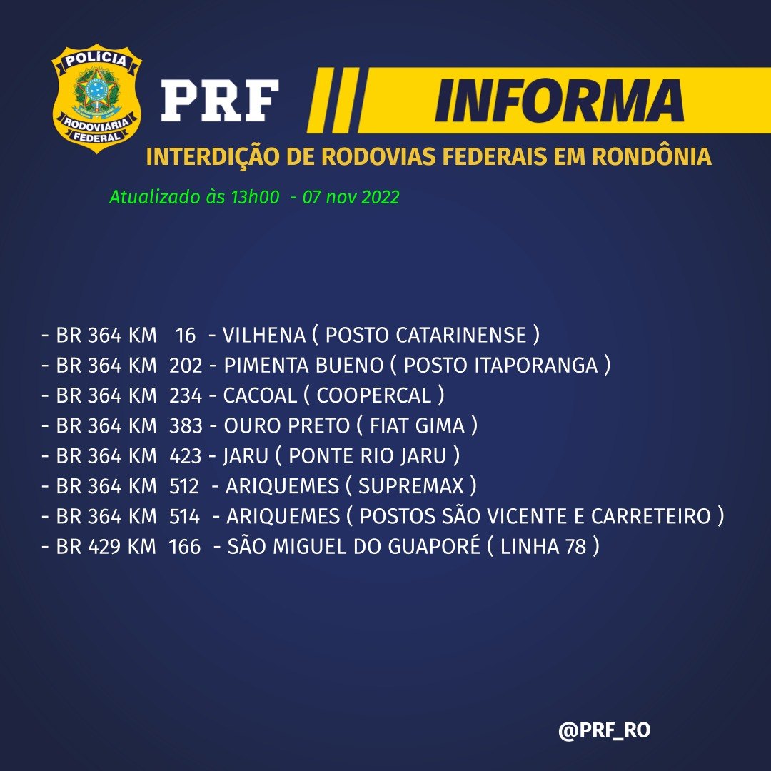 DE NOVO: Protesto antidemocrático fecha oito pontos em rodovias de Rondônia 