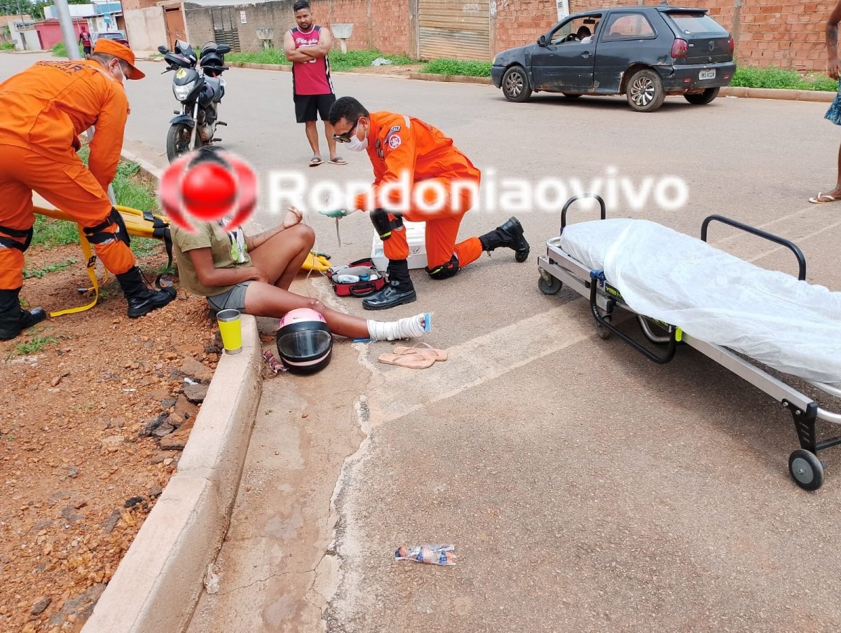 EXPOSTA: Mulher tem grave fratura após avançar a preferencial com motocicleta