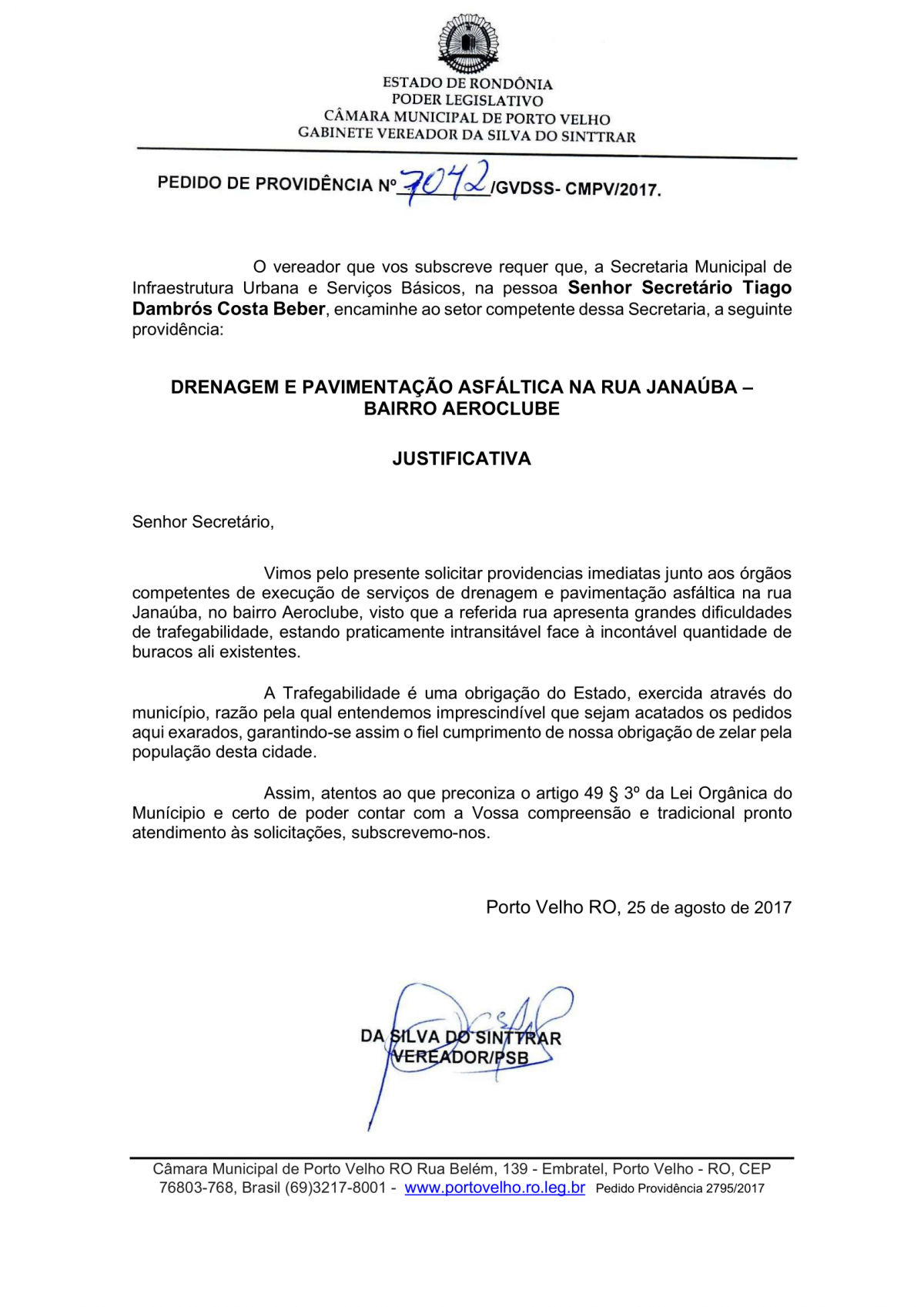 AEROCLUBE: Rua Janaúba é asfaltada após pedido do vereador Da Silva do Sinttrar