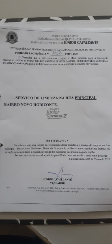 VEREADOR: Júnior Cavalcante solicita limpeza e iluminação da Rua Principal