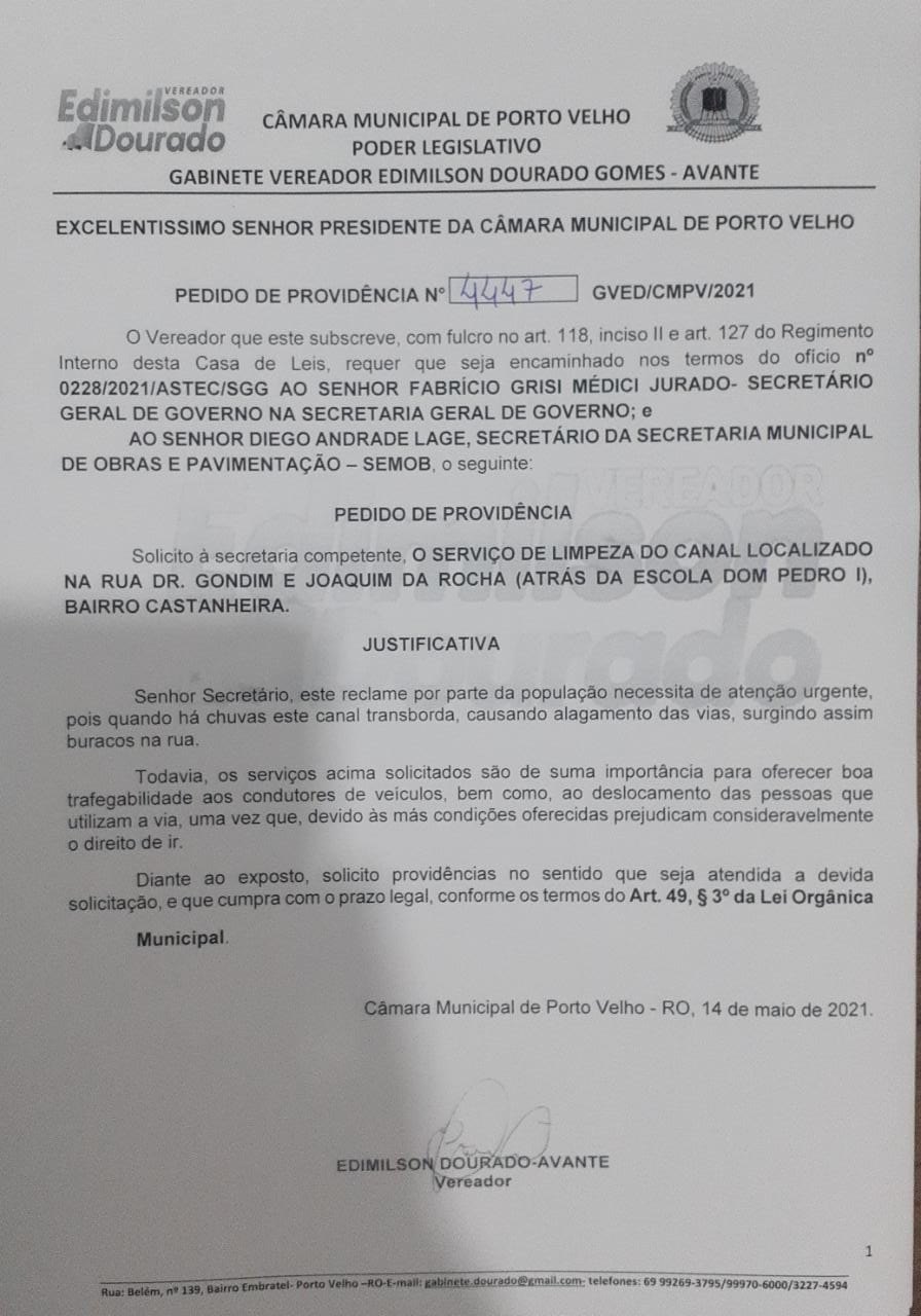 EDIMILSON DOURADO: Semob realiza limpeza em canal no Bairro Castanheira a pedido de vereador 