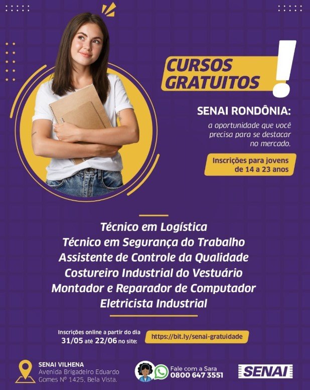 OPORTUNIDADE: SENAI de Vilhena disponibiliza vagas para cursos gratuitos