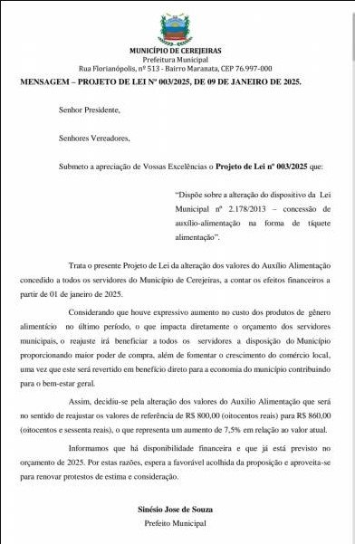 CEREJEIRAS: Vereadores aumentam próprio cartão-alimentação em 45%