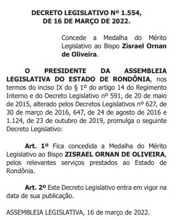 ABENÇOADO: Valdemiro Santiago recebe medalha da Assembleia Legislativa de RO