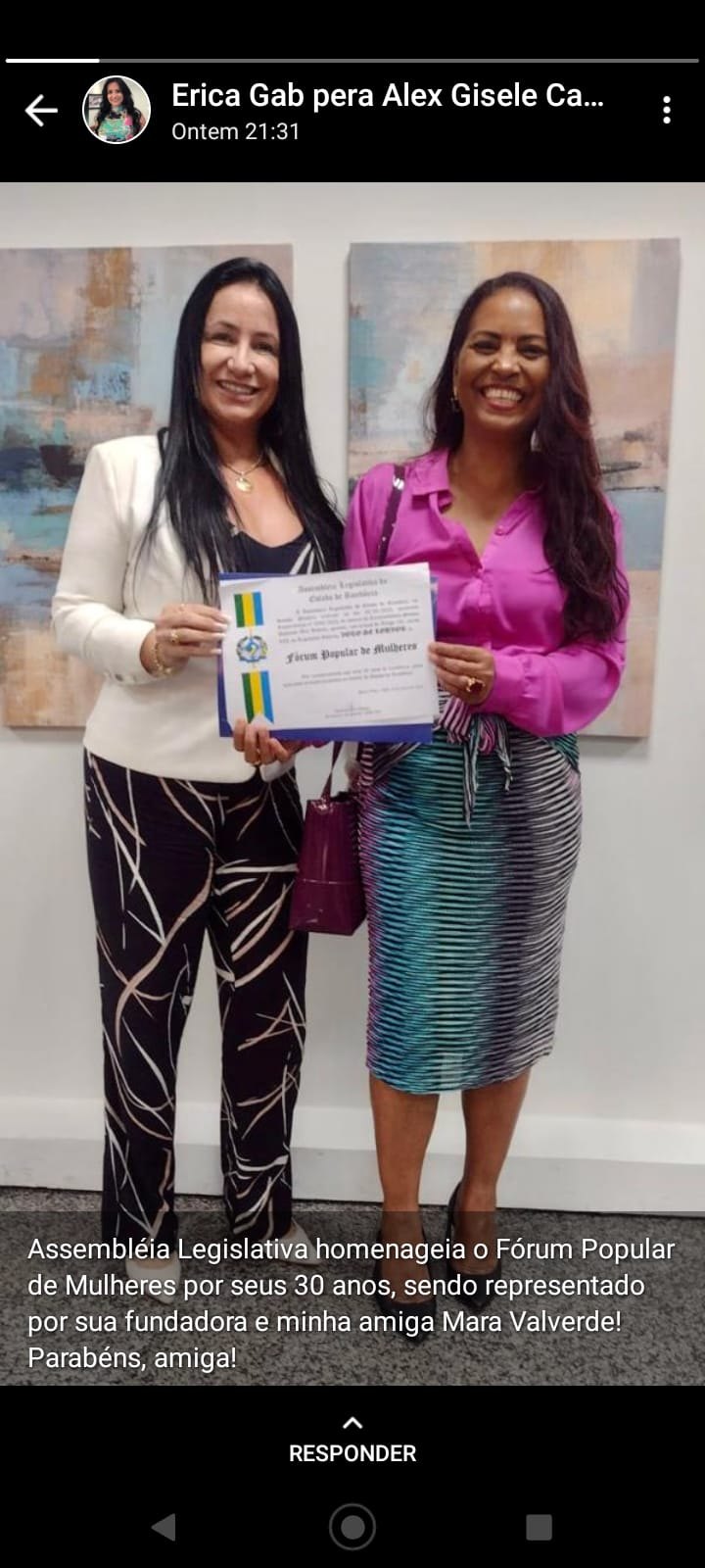 HOMENAGEM: Fórum Popular de Mulheres recebe Voto de Louvor da ALE