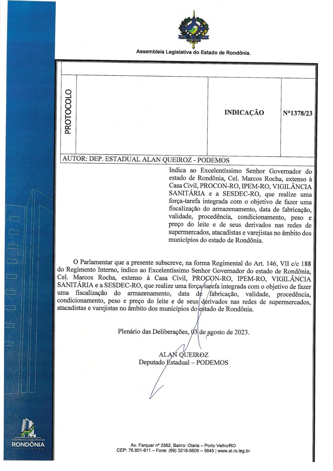 ALAN QUEIROZ: Deputado sugere força-tarefa para fiscalizar o preço dos laticínios