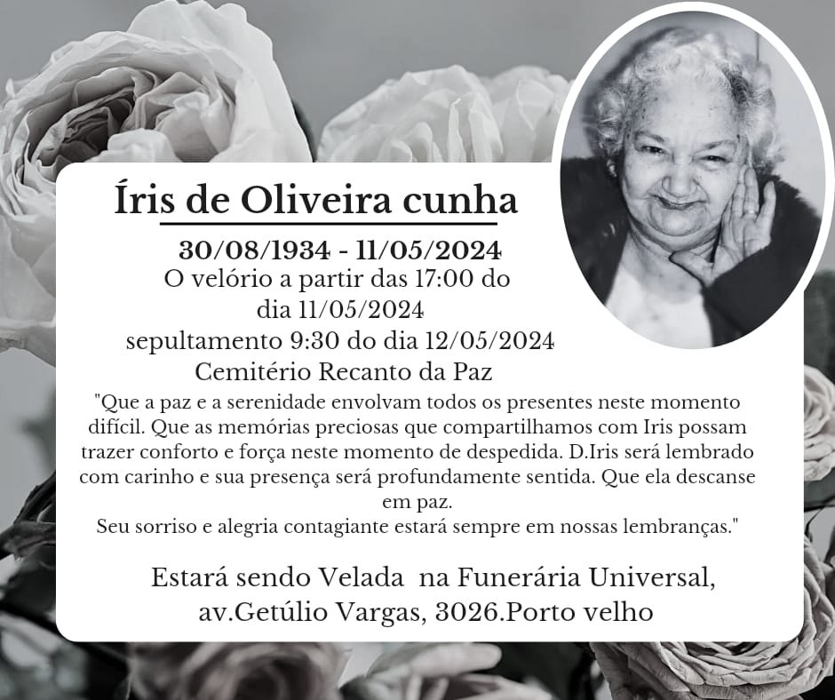 PESAR: Nota pelo falecimento de Íris Oliveira Cunha