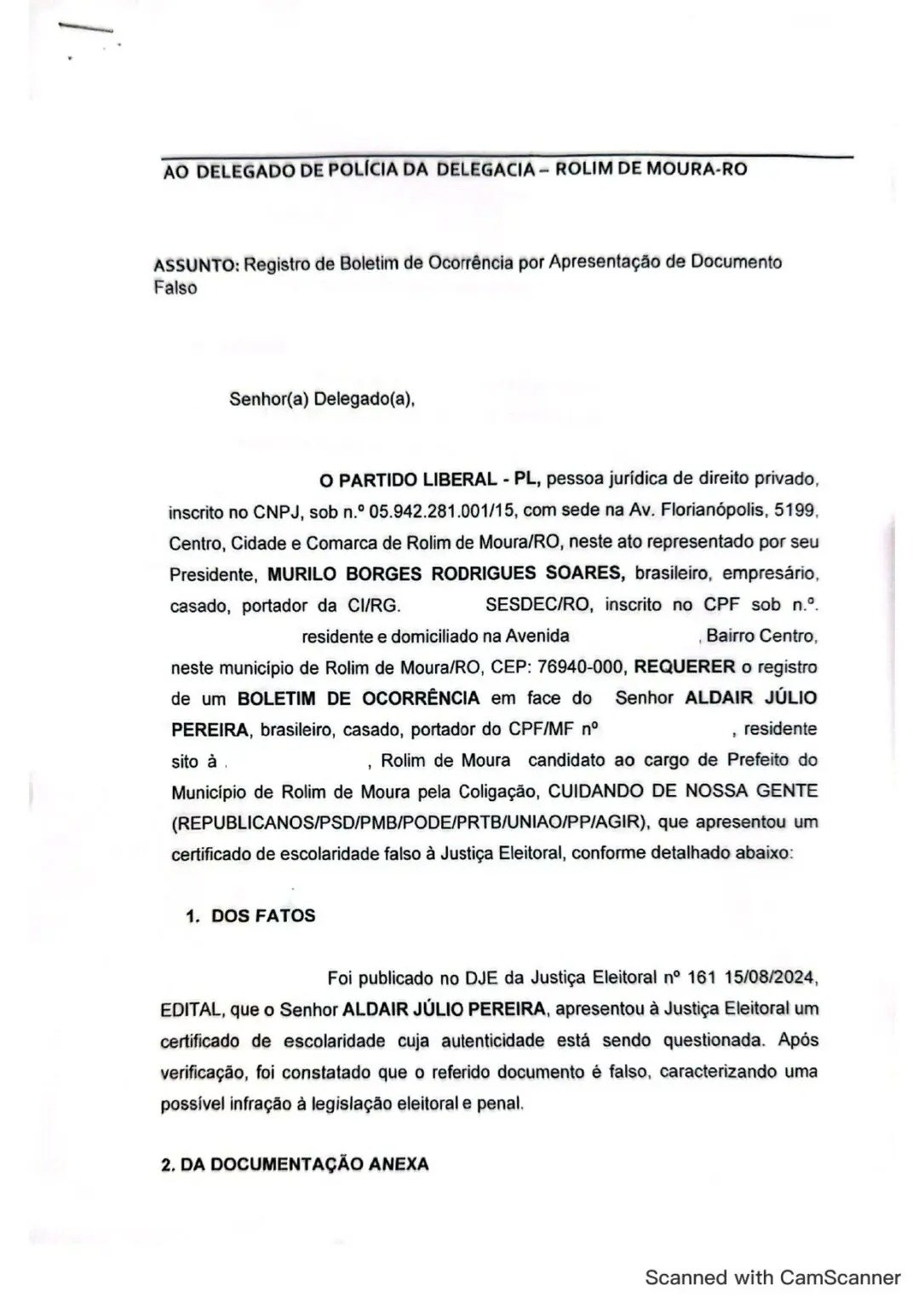 ROLIM DE MOURA: PL denuncia prefeito por uso de certificado escolar falso em registro eleitoral