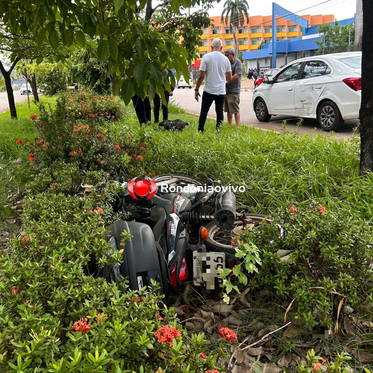 URGENTE: Mulher em motocicleta bate em árvore após colidir em carro