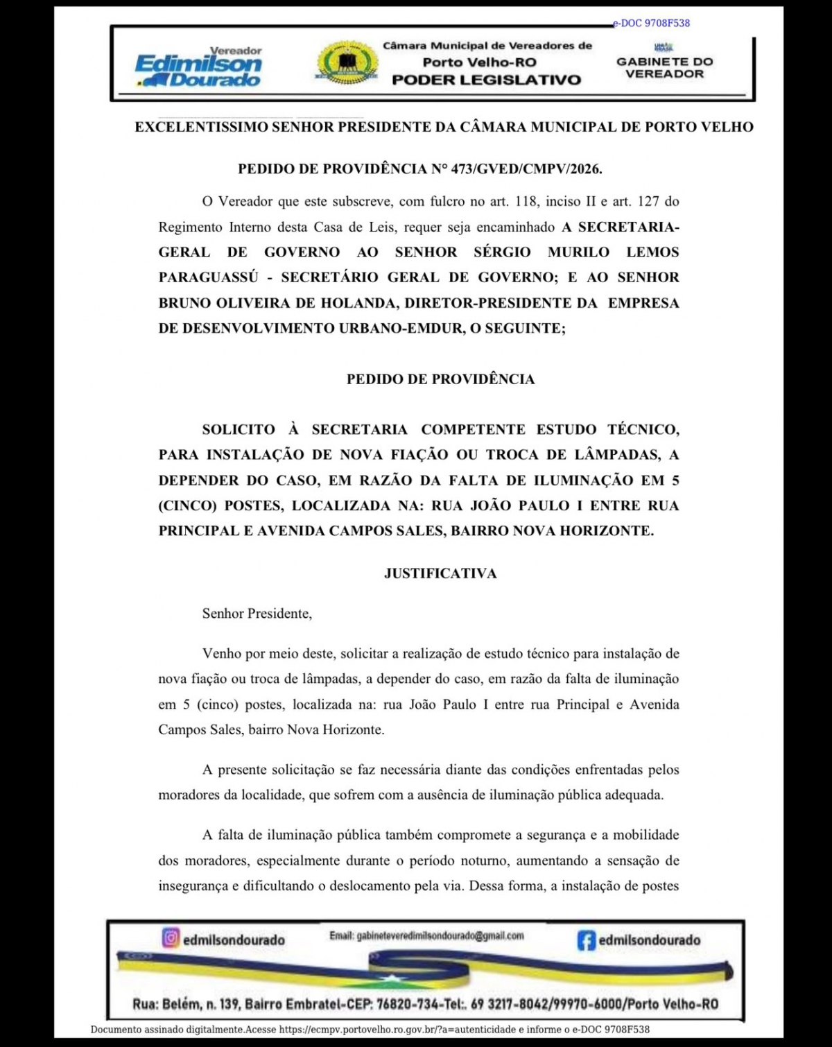 EDIMILSON DOURADO: Vereador acompanha revitalização da iluminação no Novo Horizonte