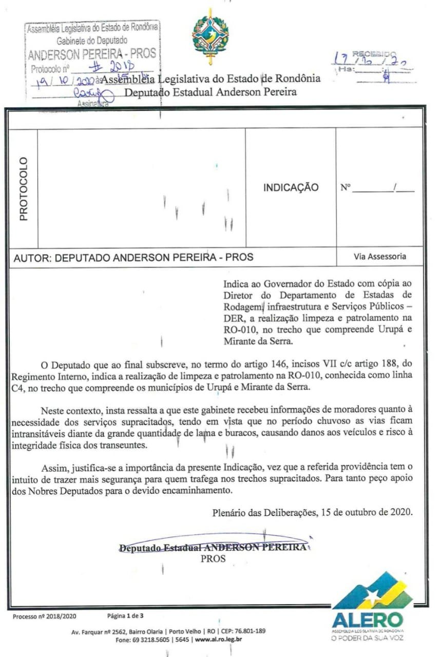 INDICAÇÃO DE ANDERSON: DER realiza serviços de limpeza e patrolamento em trecho da RO-010