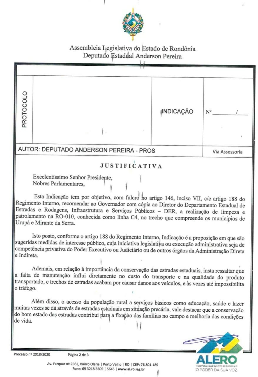 INDICAÇÃO DE ANDERSON: DER realiza serviços de limpeza e patrolamento em trecho da RO-010