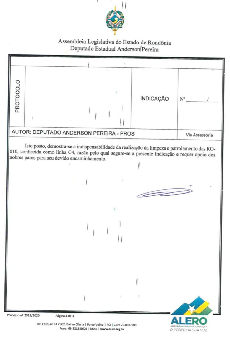 INDICAÇÃO DE ANDERSON: DER realiza serviços de limpeza e patrolamento em trecho da RO-010