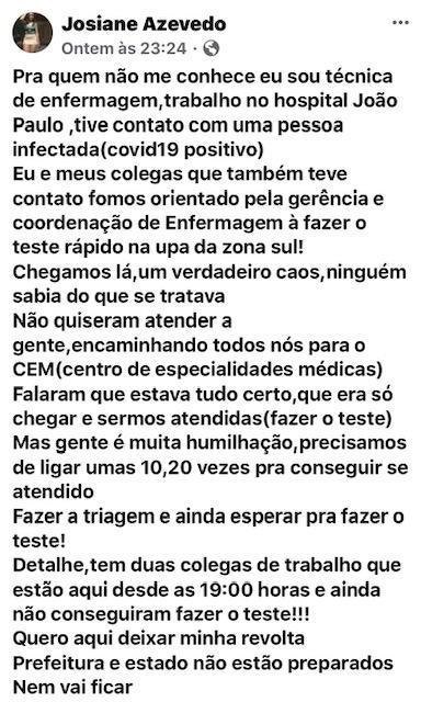 PÂNICO: Profissionais da saúde denunciam que não fizeram testes por falta de kits