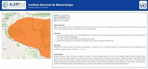 ÁGUA: Inmet emite alerta de tempestade no Estado de Rondônia