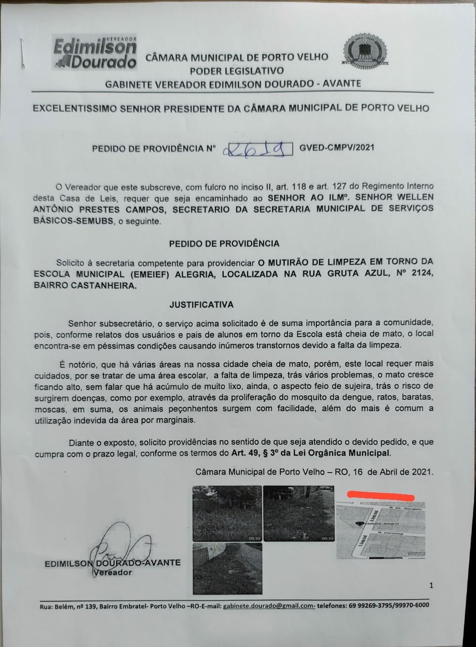  VEREADOR: Mutirão de limpeza é realizado na Escola Alegria a pedido de Edimilson Dourado
