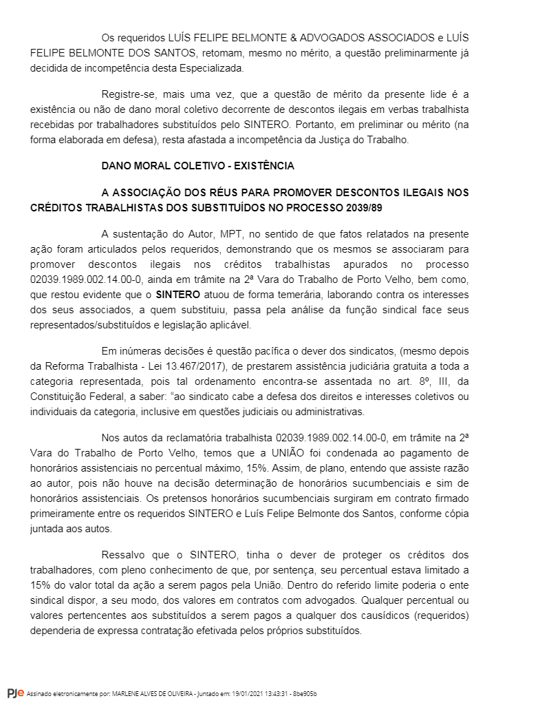 PRECATÓRIOS DO SINTERO: Advogados não vão receber honorários, decide Justiça do Trabalho