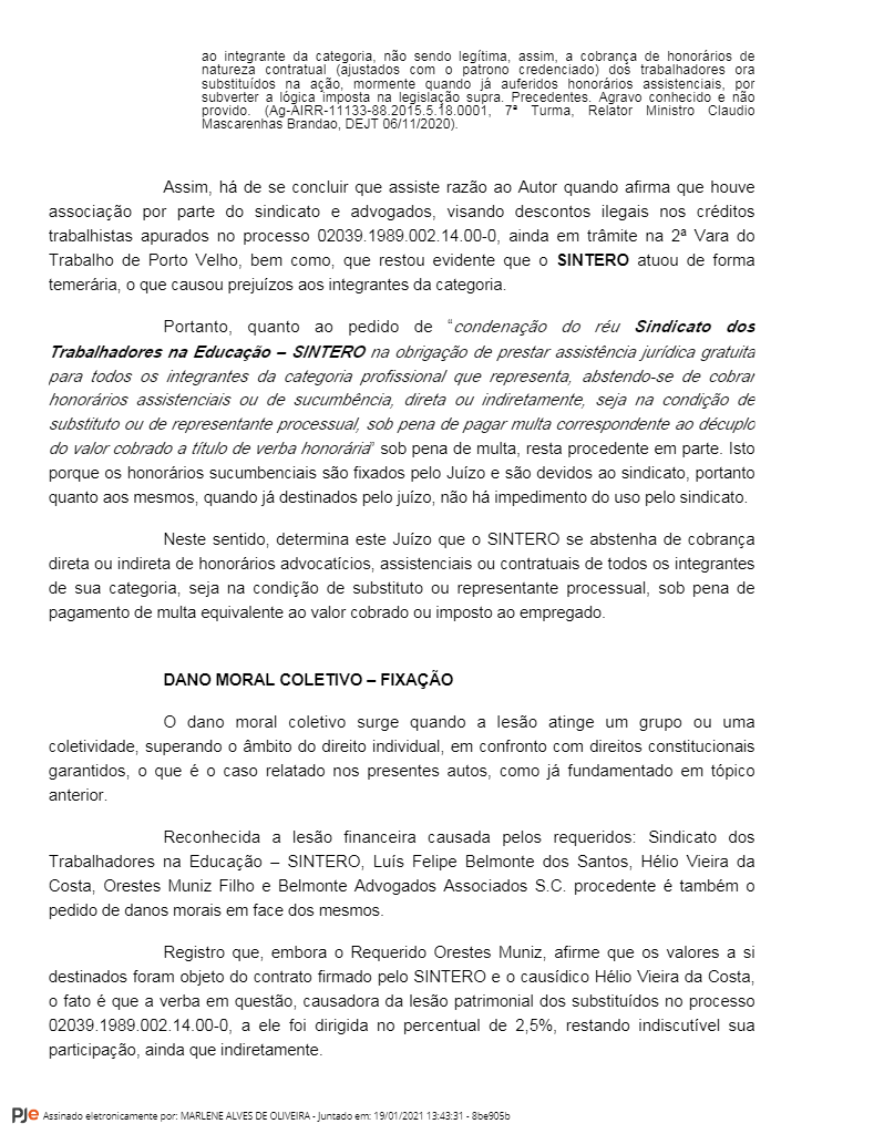 PRECATÓRIOS DO SINTERO: Advogados não vão receber honorários, decide Justiça do Trabalho