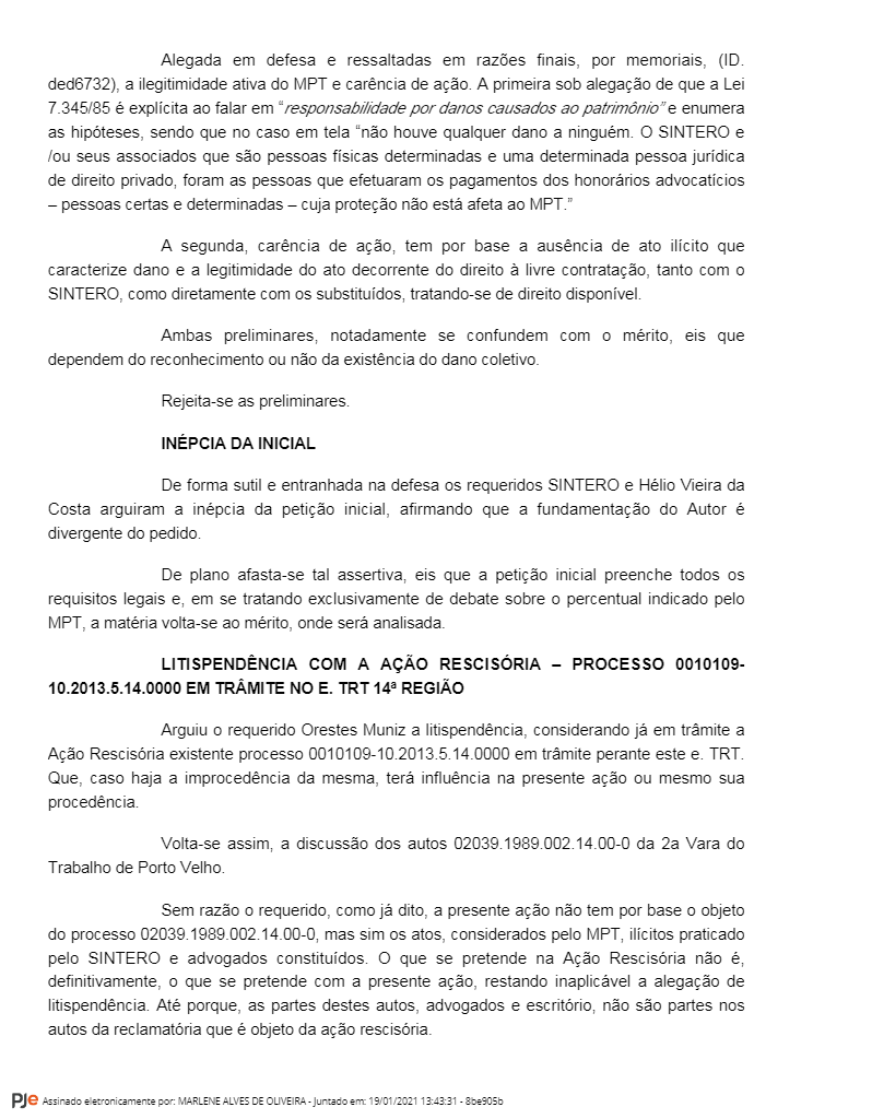 PRECATÓRIOS DO SINTERO: Advogados não vão receber honorários, decide Justiça do Trabalho